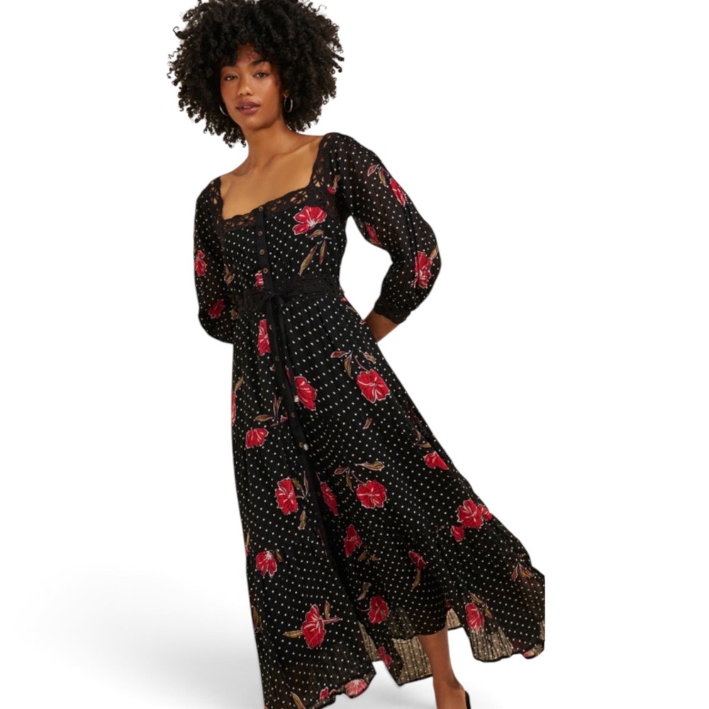 Free People Morning Meadow Floral Lace Maxi Dress Medium Boho Peasant Whimsigoth